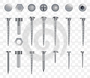 Set of 3d realistic metal screws, stainless steel bolts, nuts, rivets and nails isolated onn a transparent background.